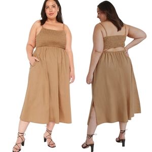 New Fit & Flare Cotton-Poplin Smocked Cutout Cami Midi Dress InTan Size 3X